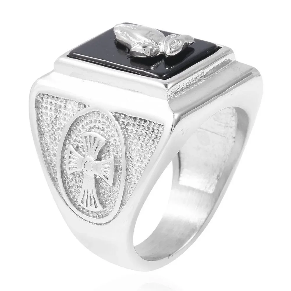 Enhanced Black Agate Stainless Steel Ring Pendant